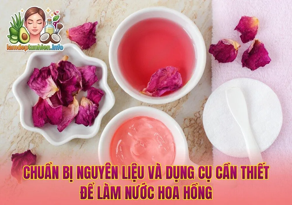 Chuẩn bị nguyên liệu và dụng cụ cần thiết để làm nước hoa hồng