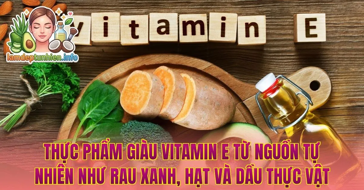 Thực phẩm giàu Vitamin E từ nguồn tự nhiên như rau xanh, hạt và dầu thực vật
